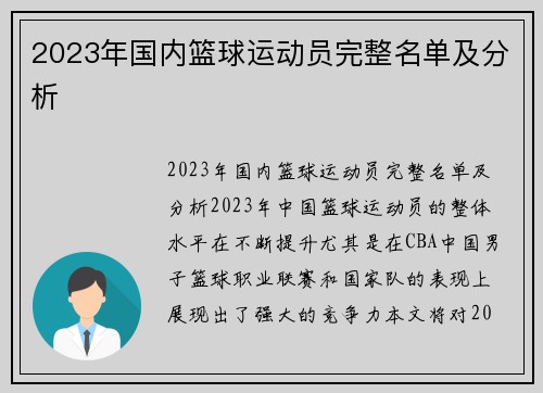 2023年国内篮球运动员完整名单及分析